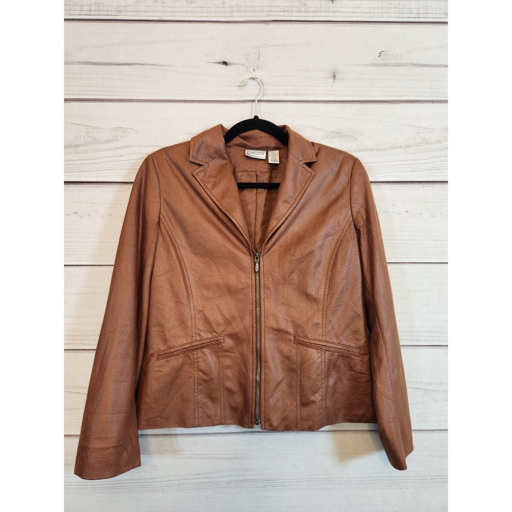 Chico's Womens Size‎ S Brown Faux Leather Zip Blazer Textured Lined Jacket